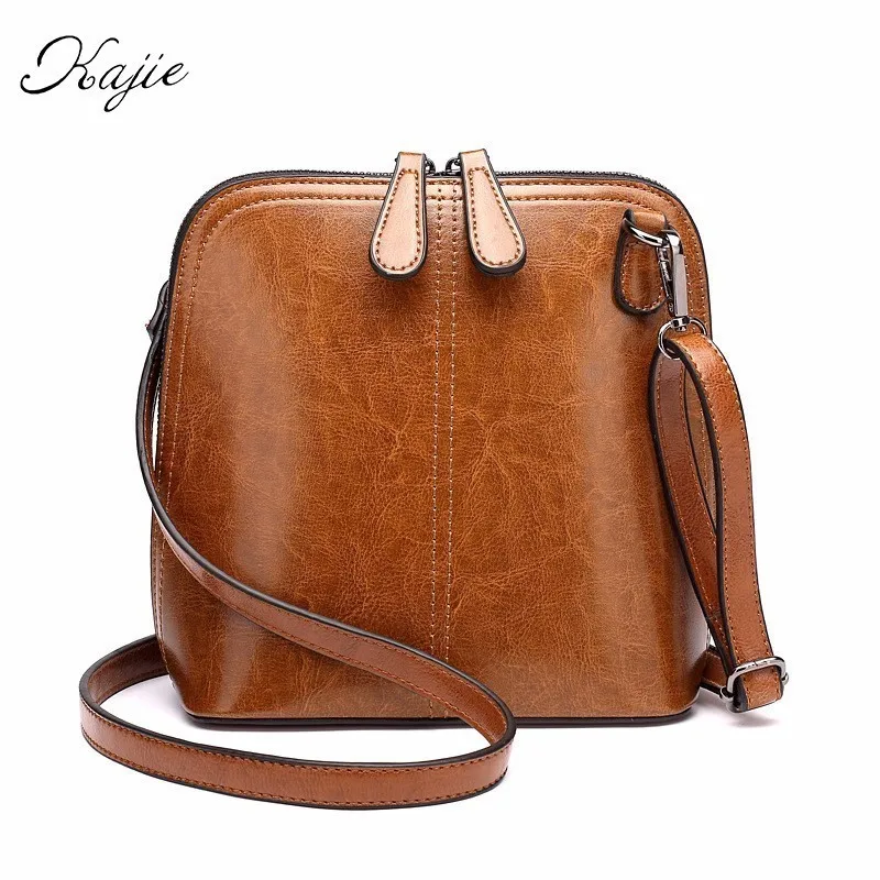 

Kajie 2018 Vintage Oil Wax Leather Small Shell Handbag Women Messenger Shoulder Bag Mini Zipper Retro Black Brown Bolsa Sac