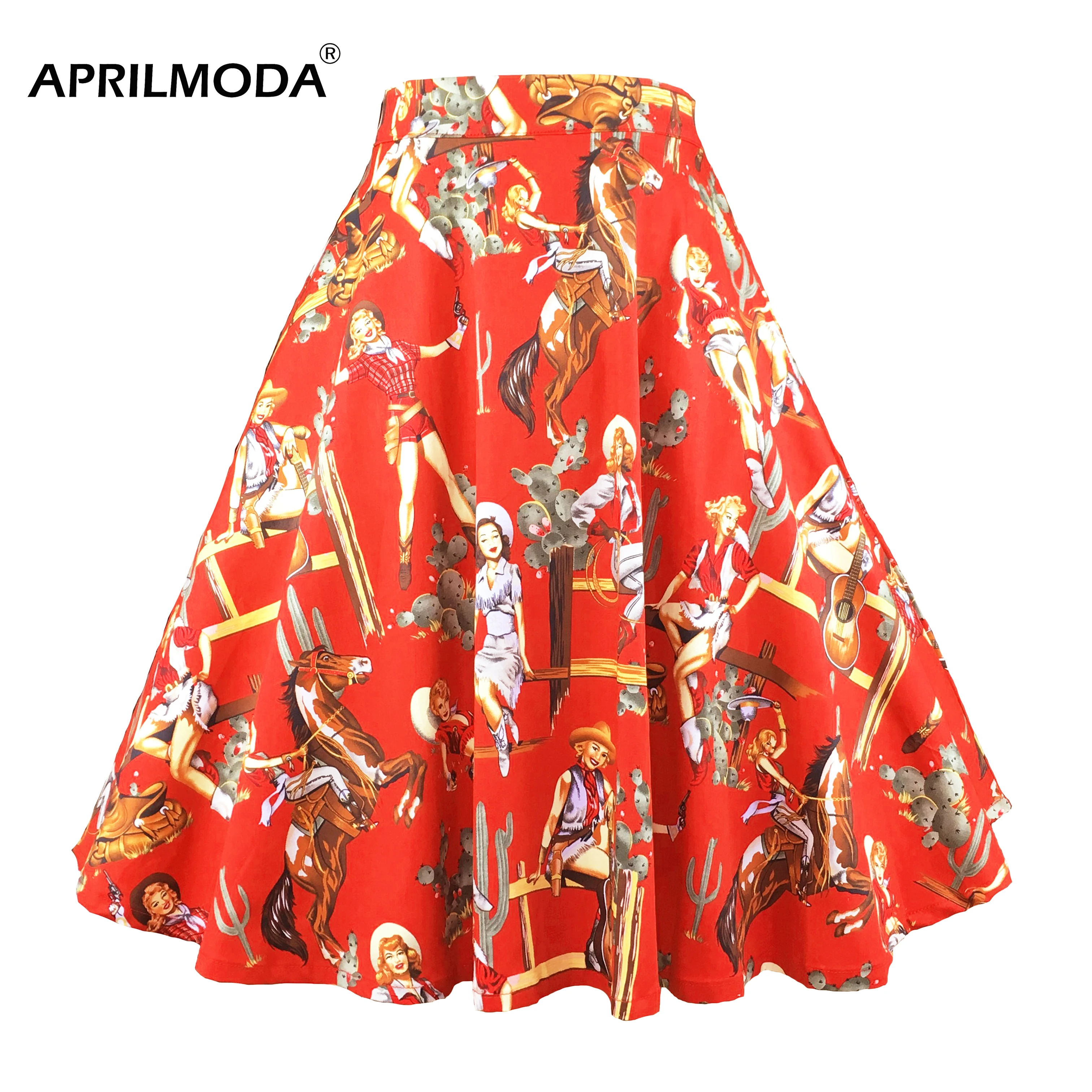 

Western Girl Printed High Waist Midi Women Swing Skirt Retro Vintage 50s Rockabilly Skirt For Ladies Party Pin up Casual Skirts