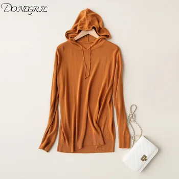 

2019 new solid color ice silk women's knitted sweatshirt elegant hooded drawstring pullover female tops