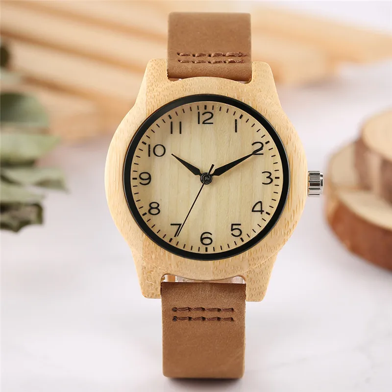 

New Style Nature Bamboo Women Watches Creative Arabic Numerals Dial Minimalist Ladies Watch Brown Leather Band Wood Clock Gift