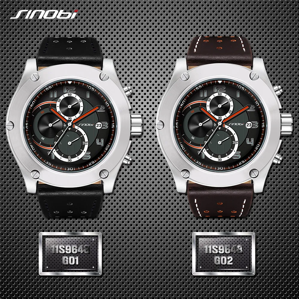 SINOBI Chronograph Wacth Mens Sports Wrist Watches Date Waterproof Males Geneva Quartz Clock Milita