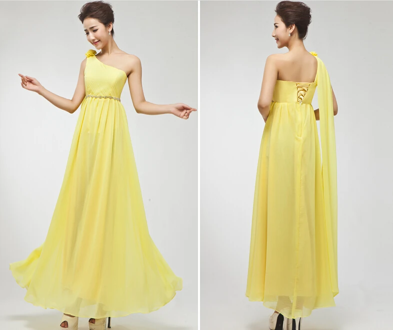 Плюс Размер Макси трапециевидной формы длина до пола одно плечо светло желтый оранжевый Камея шифоновое платье для подружки невесты корсет сзади платье W1796