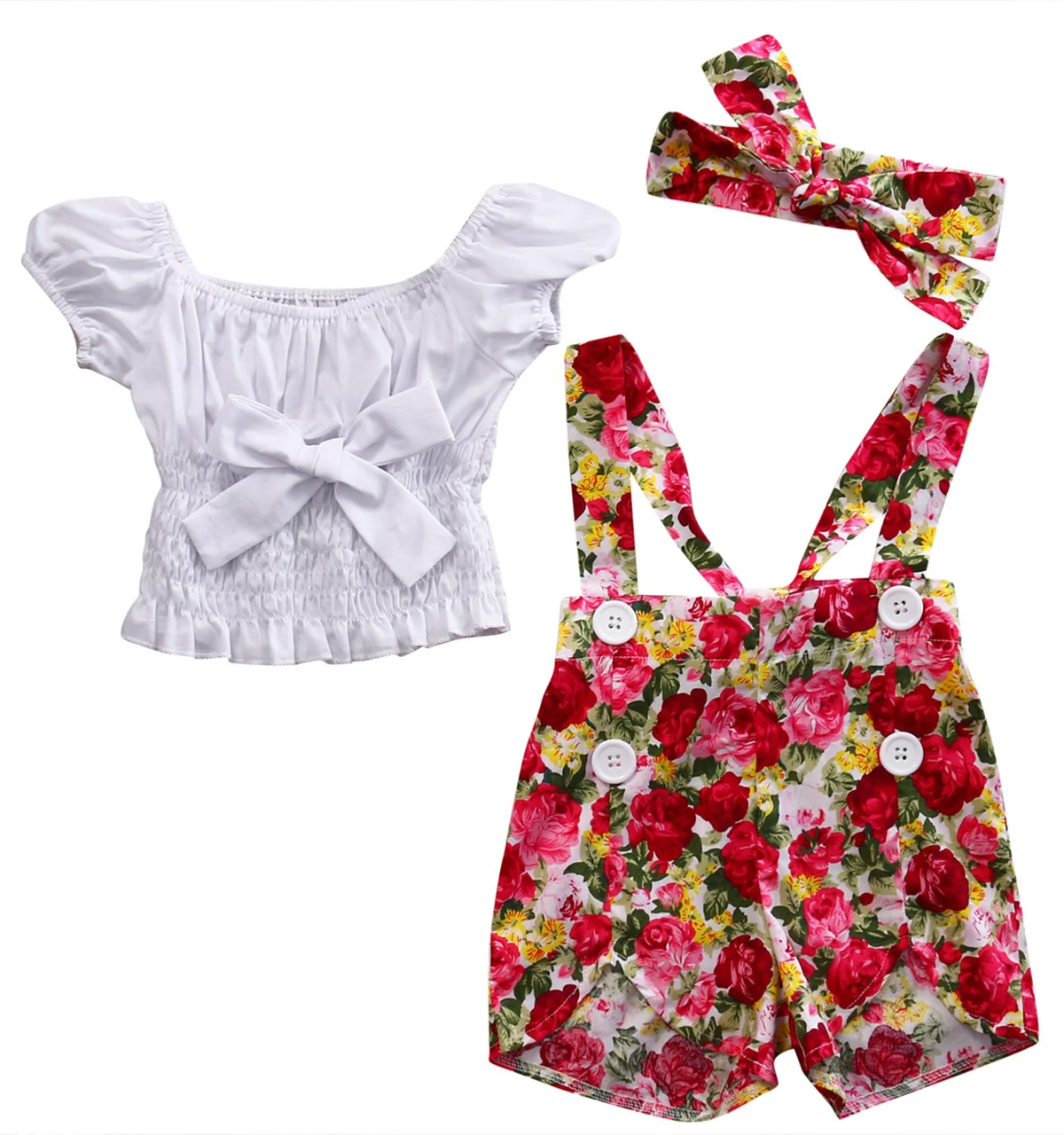 

Fashion Summer 3PCS Sets Toddler Girls shirt +Floral Shorts +Headband Casual kids girl clothes sets Outfits
