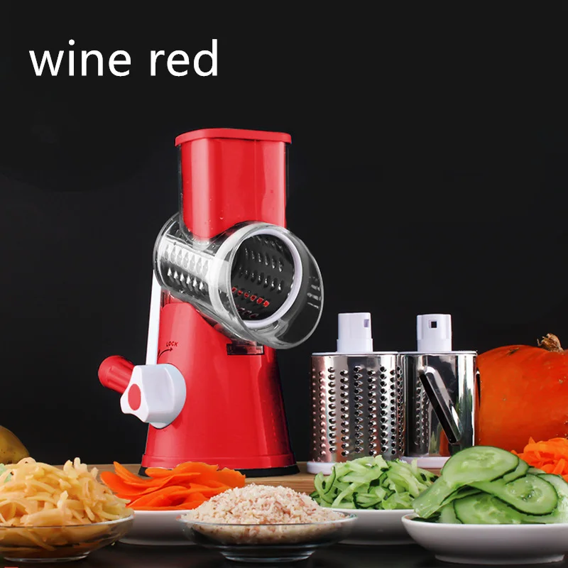 Ручная круглая мандолина устройство резки овощей лук картофель морковь Терка с 3 лезвиями измельчителя кухонная столешница барабаны гаджеты - Цвет: WINE RED
