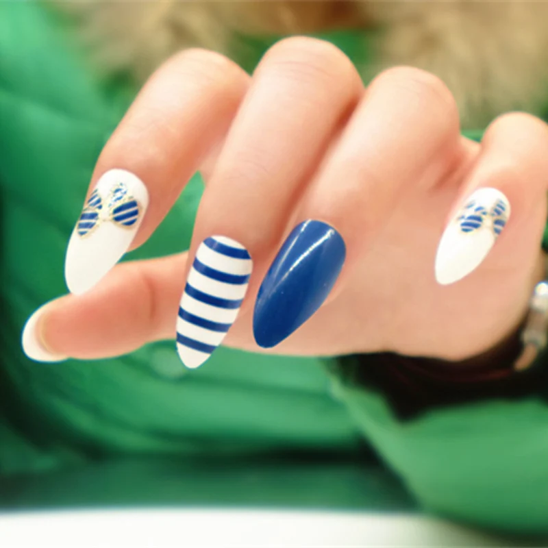 Hot 24pcs Stiletto Nails For Sale Blue and White Stripe Full Cover