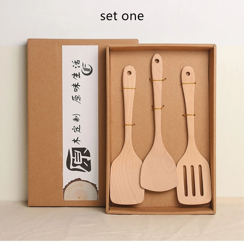 

3Pcs/Set Beech Non-Lacquer Pot Shovel Gift Kitchen Wooden Cook Ware Suit