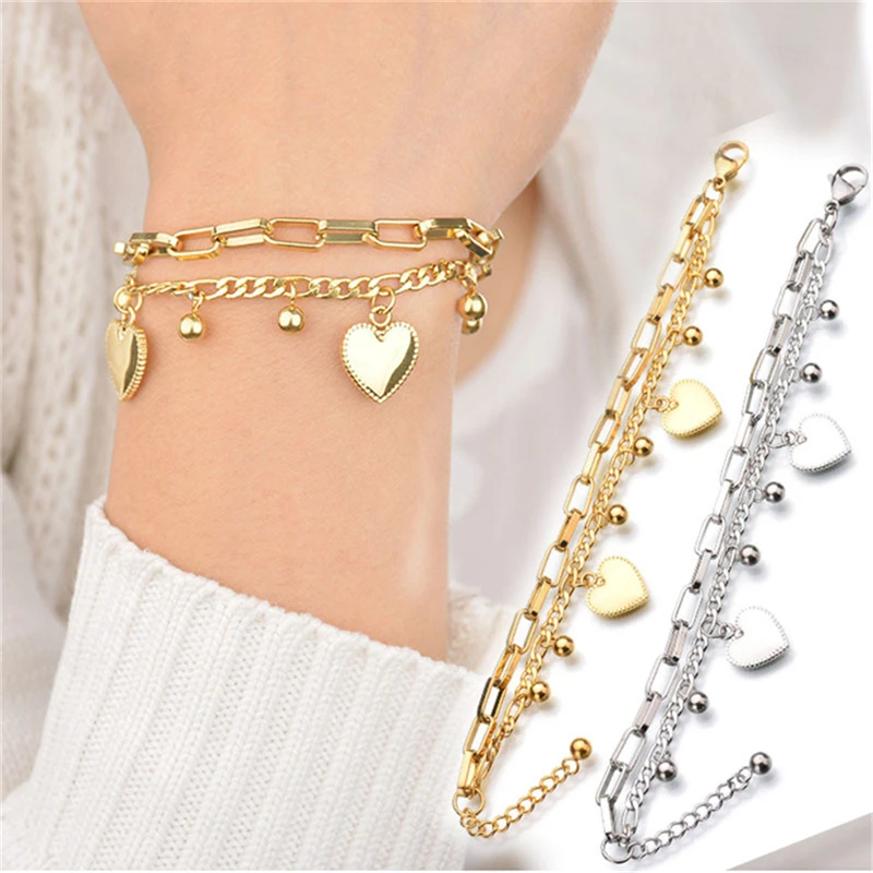 ROXI Модные браслеты из нержавеющей стали для женщин золотые серебряные многослойные цепочки бусы в форме сердца браслеты Шарм ювелирные изделия подарок матери