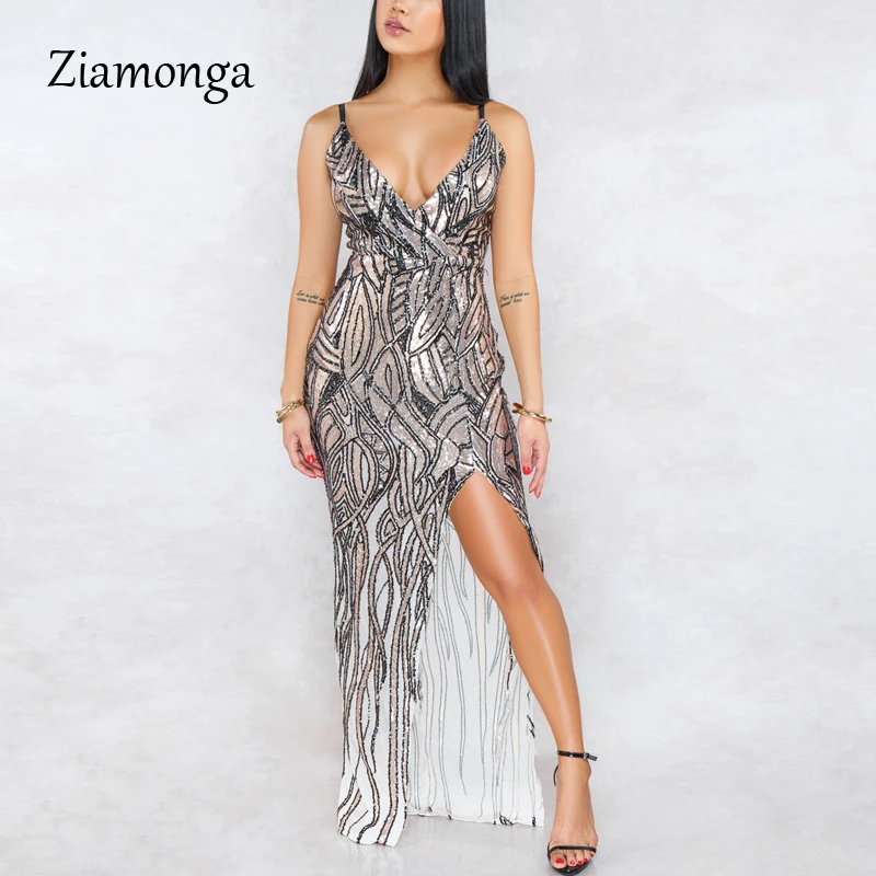 

Ziamonga New Fashion Summer Women Sequin Prom Party Sexy Evening Party High Waist V Neck Long Bodycon Split Dress For Female