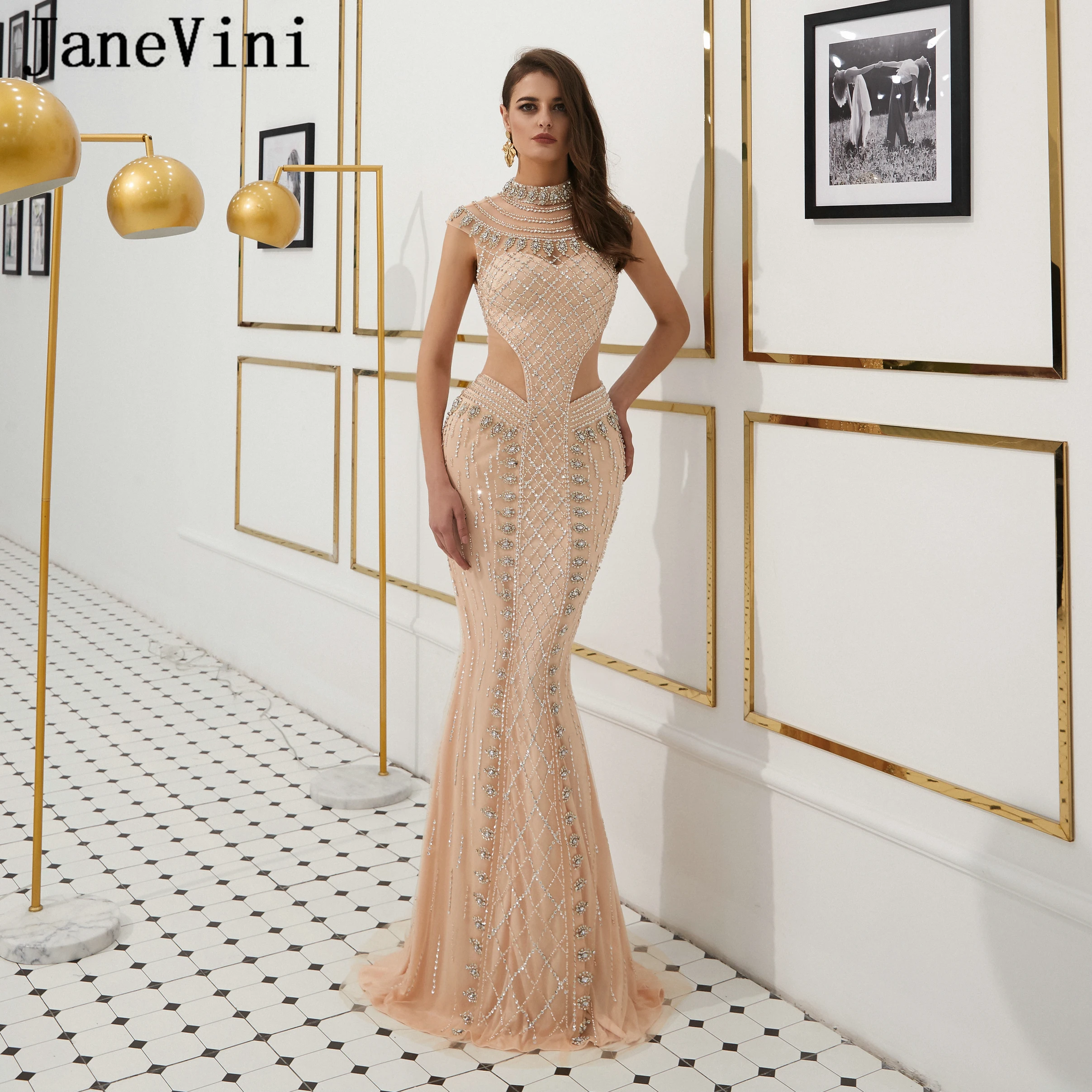 JaneVini Дубай роскошное Русалка Длинные вечерние платья 2019 с высоким воротом