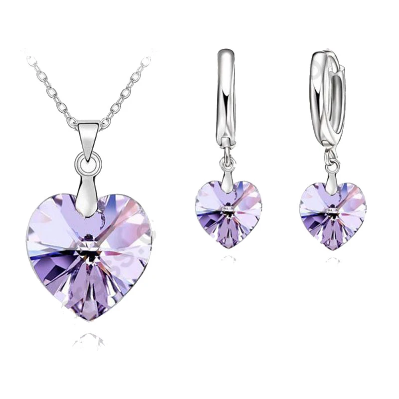 fashion ring sets Romantic Violet SW Crystal Ocean Heart 925 Sterling Silver  Pendant Necklace Earring   Jewelry Set With Lever Back Earring fashion jewelry sets cheap