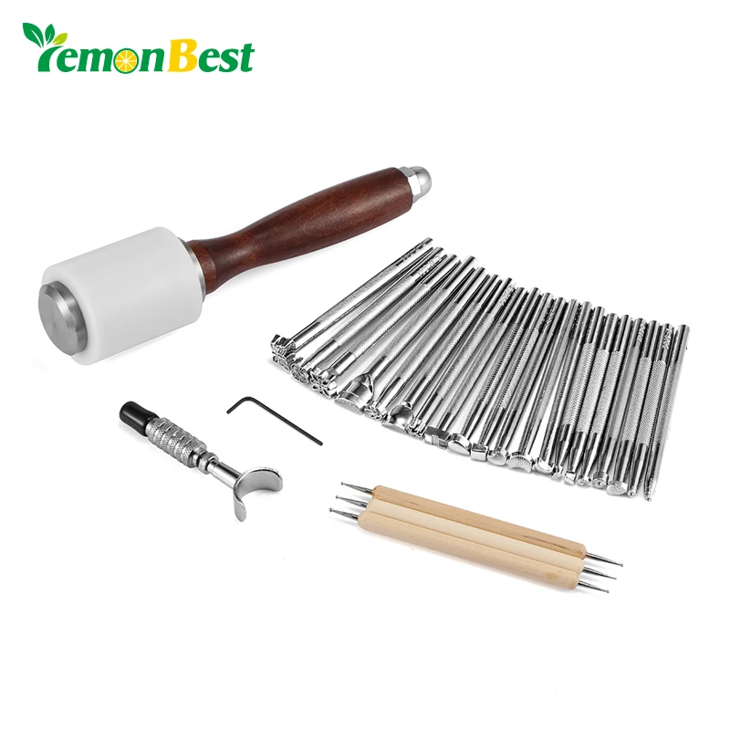 Lemonbest 25PCS Leather Carving Tools Kit Wooden Steel Hammer Handcraft Stamp Tools Set DIY