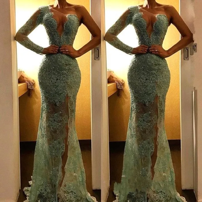 Robe de soiree Саудовская Аравия Дубай зеленые кружевные вечерние платья платье с одиним плечом официальное вечернее платье для вечеринки