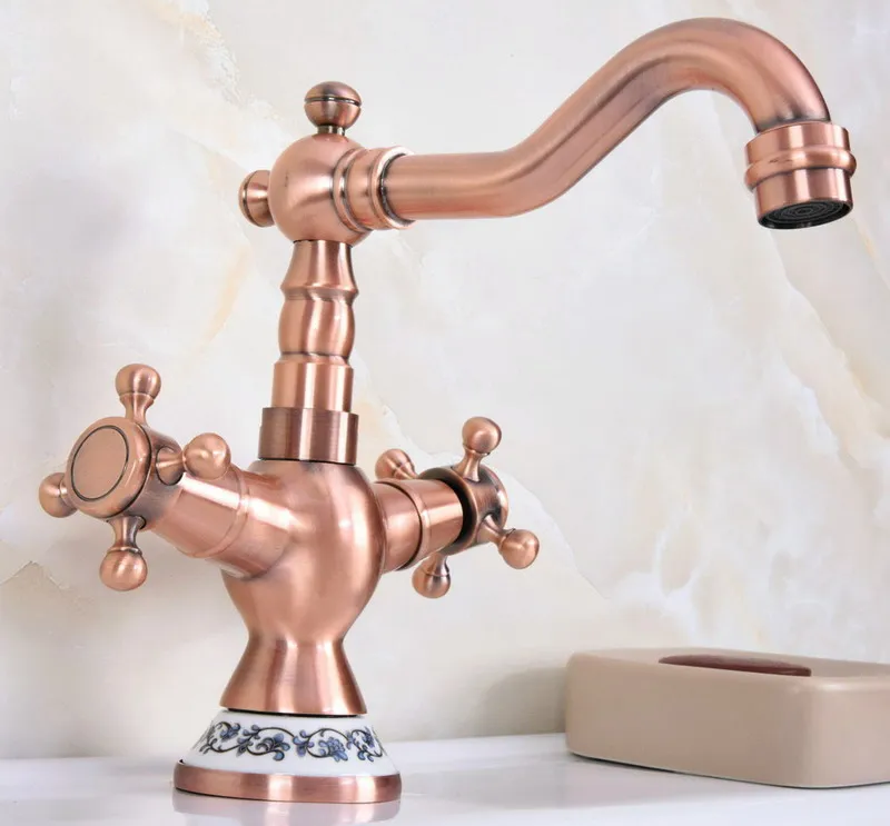 Antique Red Copper Brass Dual Cross Handles Bathroom Kitchen Basin Sink Faucet Mixer Tap Swivel Spout Deck Mounted mnf615