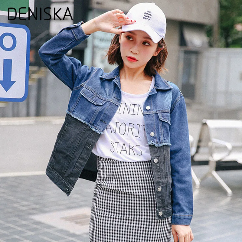 DENISKA 2018 Новый Сращены Джинсовые Куртки Женские Джинсы Пальто С Длинным Рукавом
