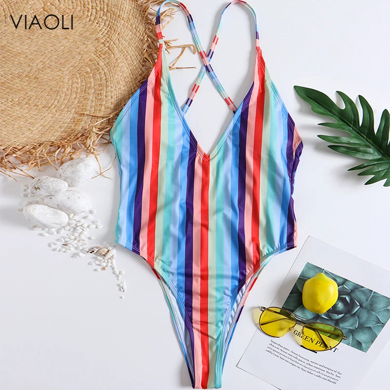 

Castle in the Sky 2018 Sexy Color Stripe Print One Piece Swimsuit Female Women Swimwear Backless Bandage Pink Blue Monokini New