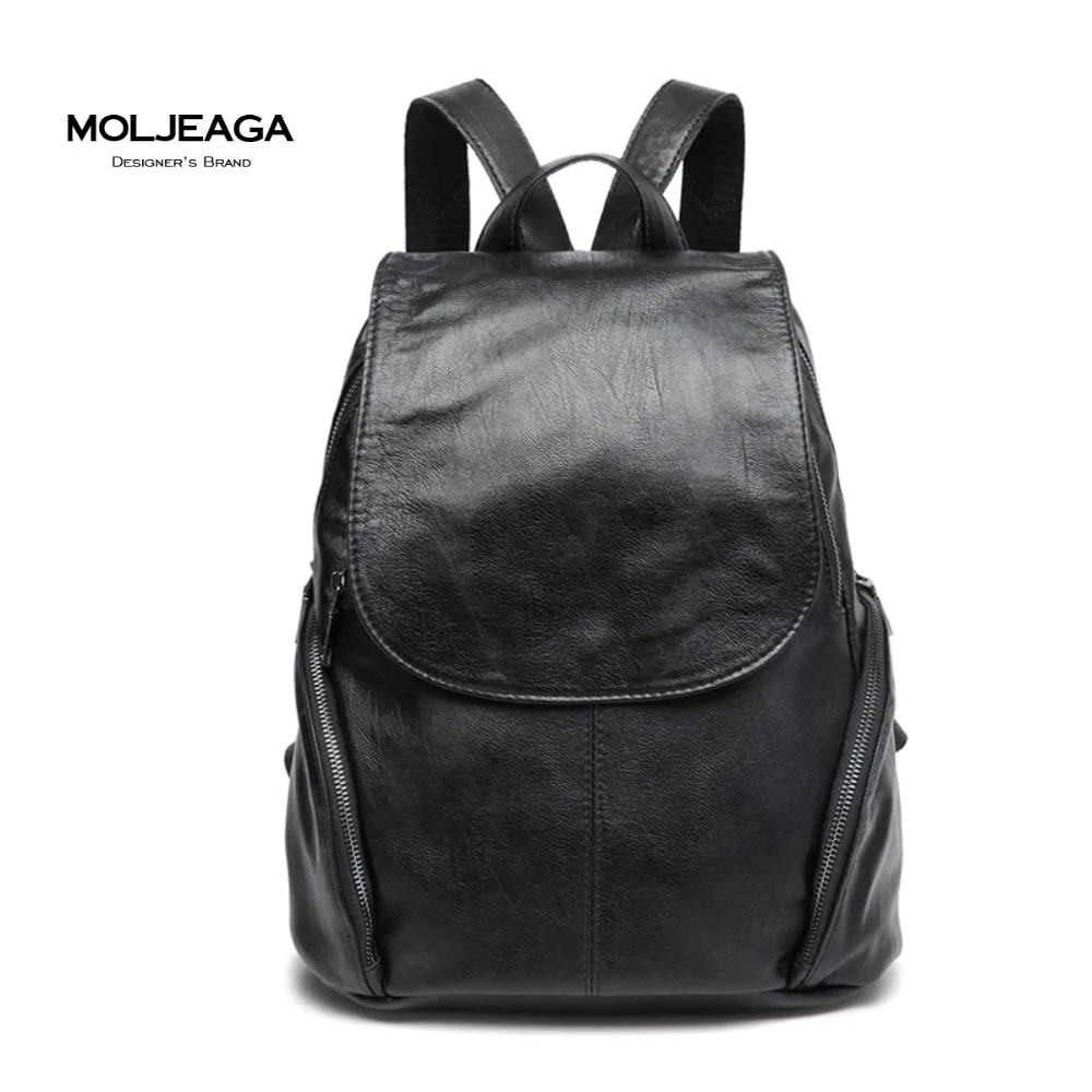 MOLJEAGA Famous Brand Backpack Women Backpacks Solid Vintage Girls School Bags for Girls Black PU Leather