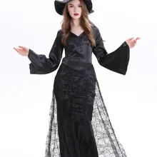 Женское однотонное черное платье на Хэллоуин, косплей, повседневный длинный рукав-колокол, v-образный вырез, сетка, пэчворк, ведьма, ролевые игры, женское платье с шапкой