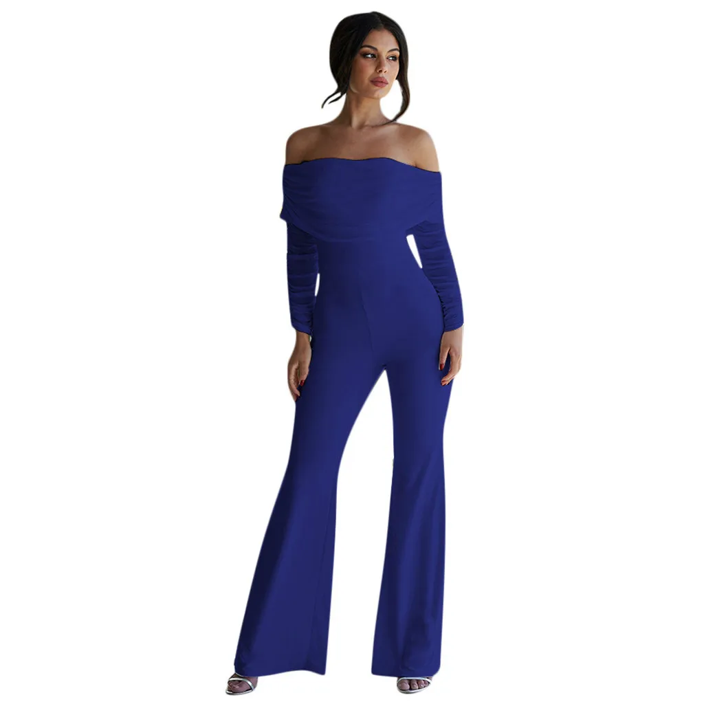 Женский комбинезон с открытыми плечами, Облегающий комбинезон с длинным рукавом, комбинезоны, обтягивающие сексуальные комбинезоны, женские белые брюки#3 - Цвет: Синий