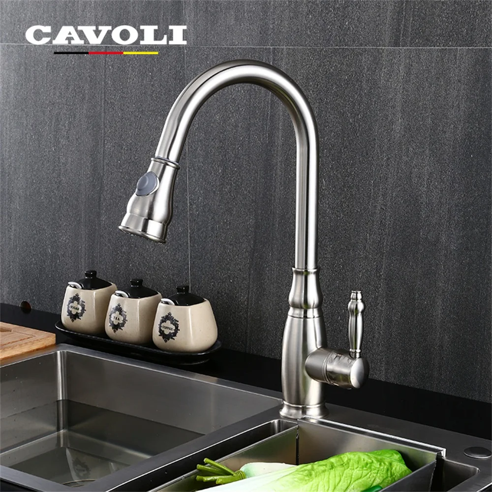Cavoli Brass Kitchen Faucets Contemporary Brushed Vessel Single Sink Basin Handle Water Mixer Swivel Tap #FCT0010
