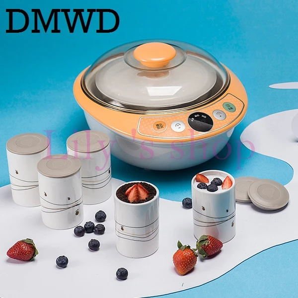 

DMWD Automatic Electric Yogurt Maker Stainless Steel Liner Container DIY Leben machine wine Natto fermenter with 6 Ceramic cups