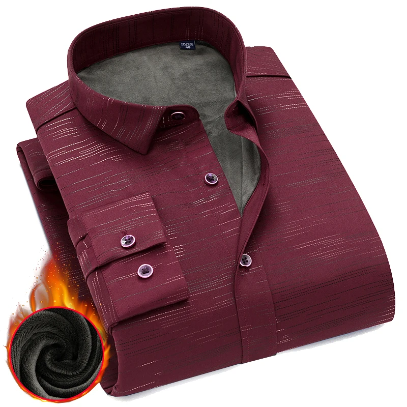 Зимняя плотная Мужская рубашка в полоску, одноцветная, гладкая, эластичная, Повседневная рубашка, рубашка Camisa masculina Chemise homme, теплые рубашки