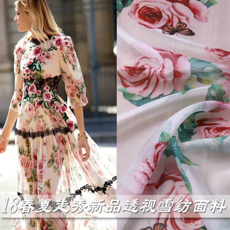 

Chiffon Fabric Polyester White Flora Spring Summer New Rose Printed Dress Sea View Holiday Dress Shirt Cloth