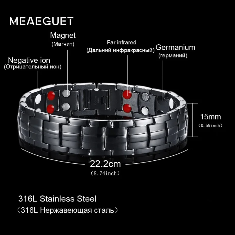 Meaeguet Casual Healthy Energy Bracelet Jewelry For Men Black Stainless Steel Chain Link Magnet Therapy Bracelets 15mm Wide