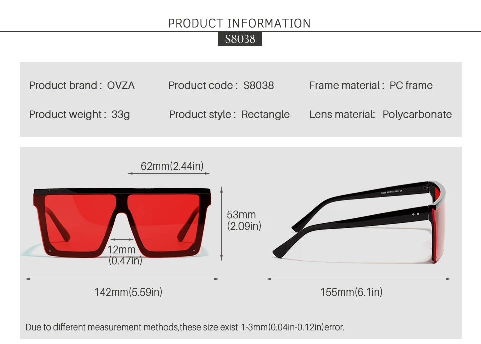 OVZA Солнцезащитные очки Мужские негабаритные Квадратные Солнцезащитные очки для женщин винтажные панк большие очки красный бренд дизайн высокое качество S8038