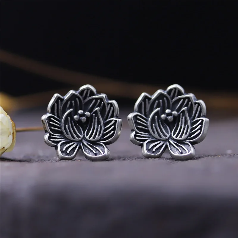 

C&R Real 925 Sterling Silver stud earrings for women Retro lotus earings female hypoallergenic Thai Silver Fine Jewelry