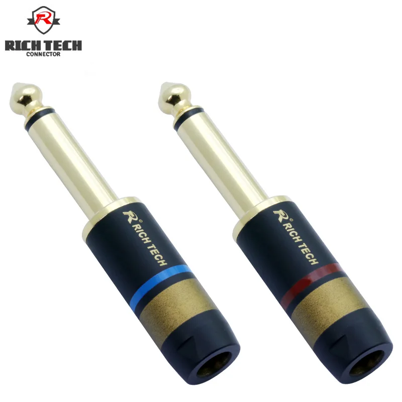 50pcs/25pairs Mono 2Poles 1/4&quot Jack 6.35mm Audio Connector Soldering Gold Plated 6.5mm Plug + Luxury Copper Shell Black Color |