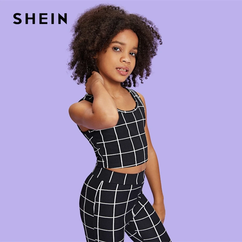 SHEIN كيدي الأسود سكوب الرقبة منقوشة خزان بلوزات وسراويل الفتيات الملابس اثنين من قطعة مجموعة 2019 الصيف الأزياء أكمام الاطفال الملابس