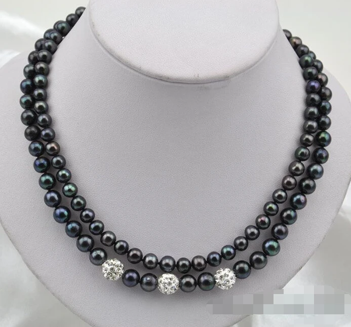 

Beautiful 2strands 17"8mm round black FW pearl necklace