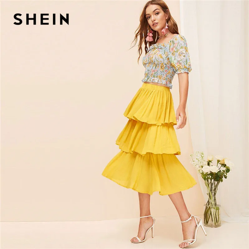 SHEIN Однотонная Многослойная Юбка С Оборками, Летняя Яркая Юбка, Юбка-Миди С Эластичной Талией