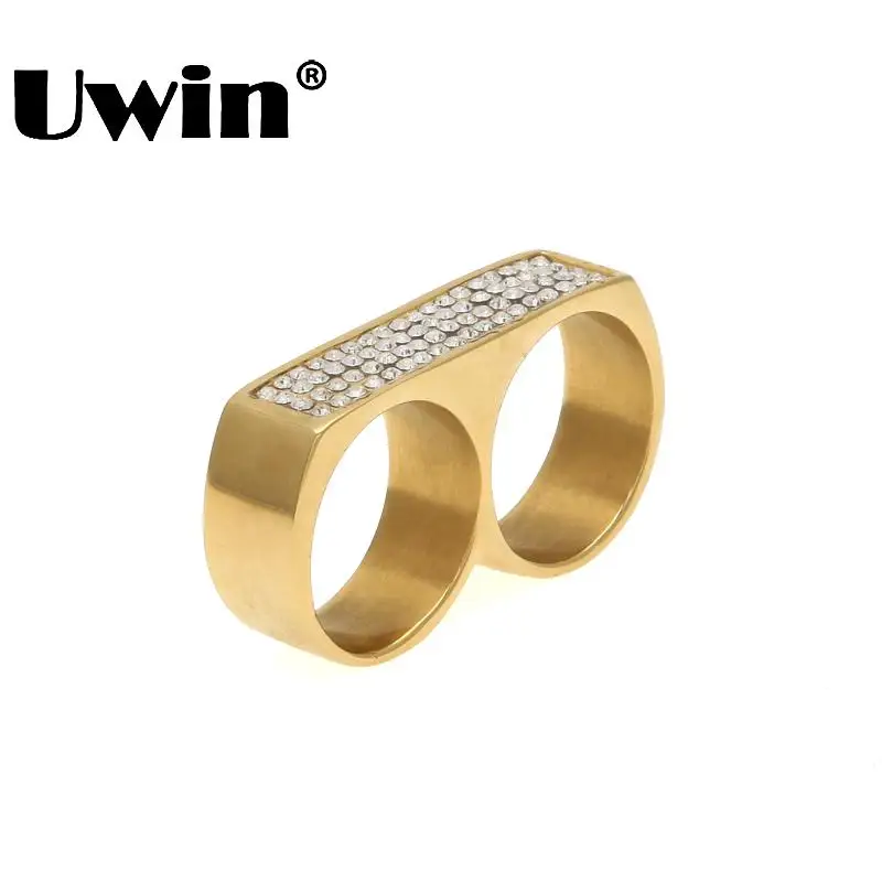 

Uwin New Cool Two Finger Rings Hip Hop Full Iced Out Rhinestones Stainless Steel Gold Silver Color Men Punk Party Ring Size 9/10