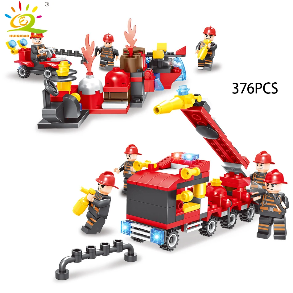 376pcs 8in1 Fire fighting Building model kit Legoings city truck Firefighter Helicopter Educational Bricks children Toys