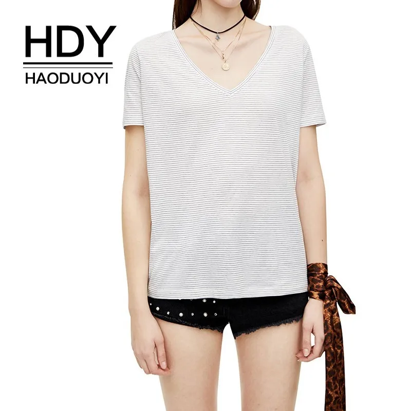 

HDY Haoduoyi Simple Striped Summer Tee New Sexy V-collar Girls T-shirt Leisure Clear Color Gray Stripes Easy Wear Short Sleeves