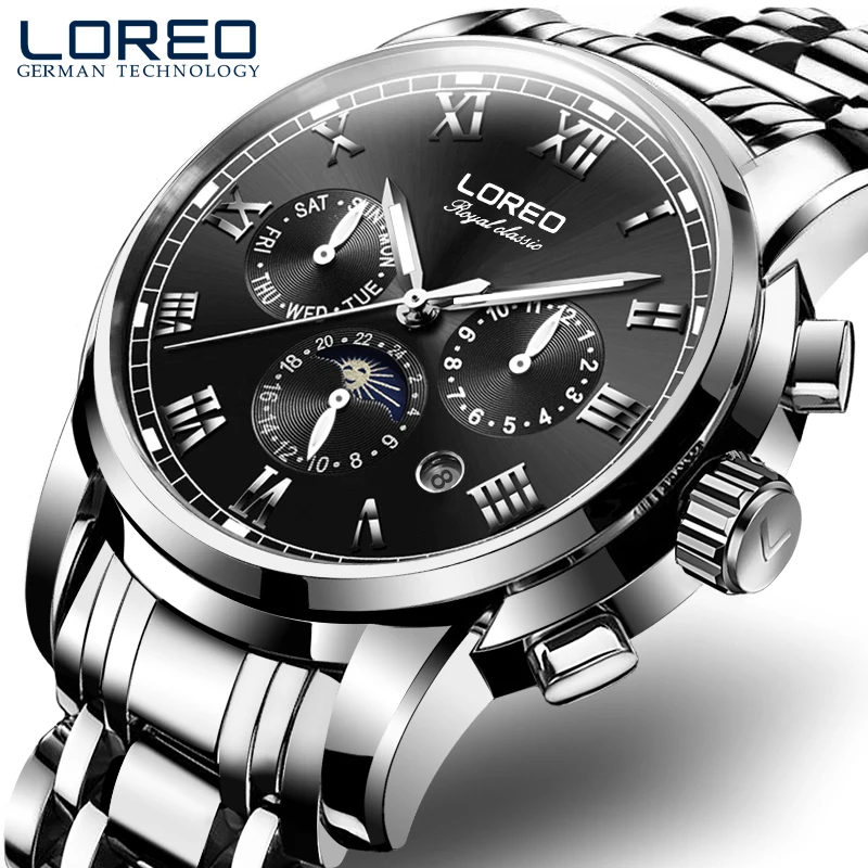 LOREO Germany watches men luxury brand automatic self-wind moon Phase sapphire luminous black stainless steel relogio masculino