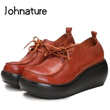 

Johnature 2020 New Spring/Autumn Genuine Leather Round Toe Casual Retro Wedges Shallow Lace-up Platform Women Shoes Pumps