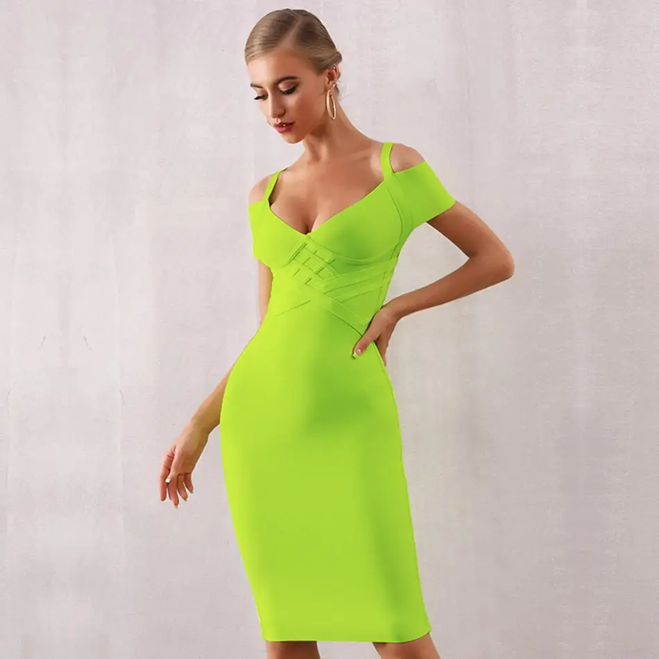 Новейшее облегающее для вечеринки со знаменитостями Бандажное платье для женщин с коротким рукавом, с открытыми плечами, с v-образным вырезом, сексуальное вечернее платье для женщин Vestidos - Цвет: Зеленый