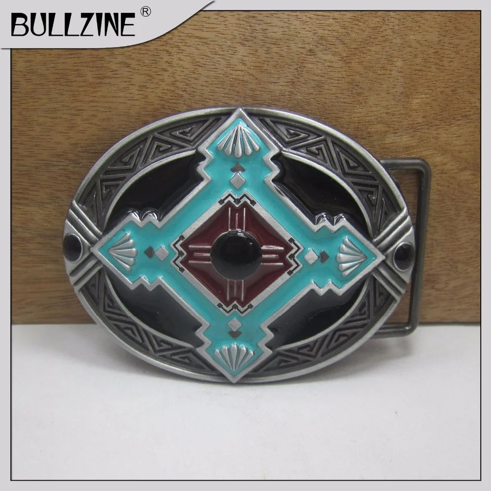 

The Bullzine Fashion western belt buckle with pewter finish FP-03385 suitable for 4cm width snap on belt