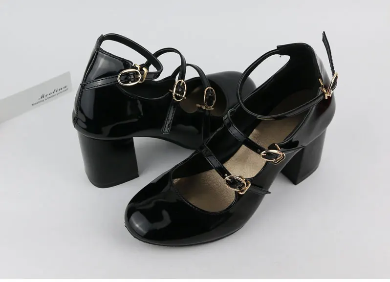 Meotina/ весенняя обувь; женские туфли-лодочки Mary Jane на Высоком толстом каблуке с пряжкой; обувь для вечеринок; женская обувь с круглым носком; цвет черный, красный; размеры 34-39