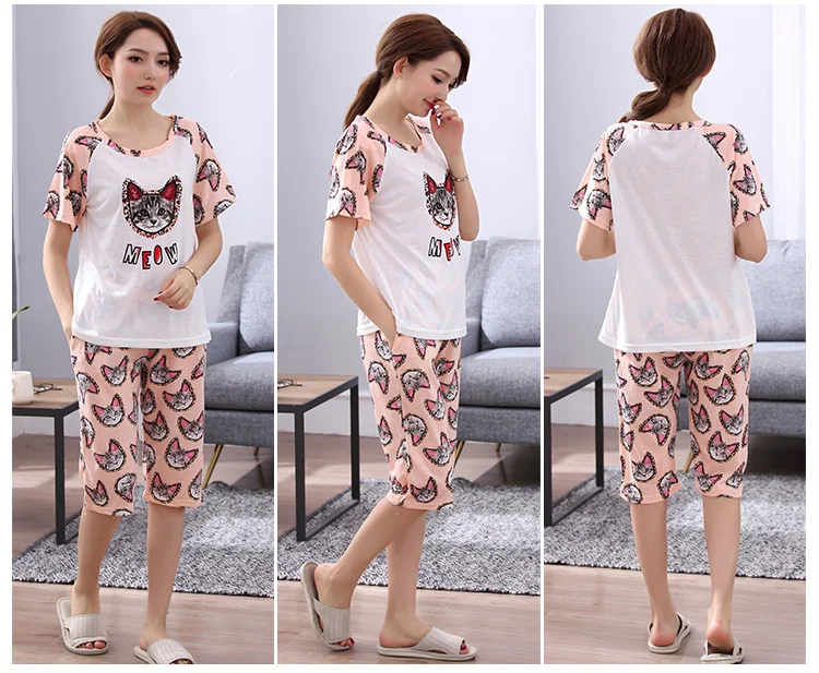 Летняя Пижама с коротким рукавом, хлопковые Пижамные комплекты, Женская домашняя одежда размера плюс M-4XL, пижамы