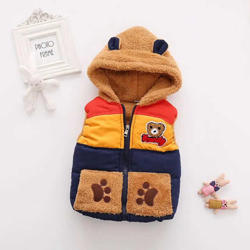 Autumn and winter Boys Baby Kids plus velvet warm thick vest Outerwear Bear Cartoon Hooded Waistcoat Ma3 jia3 Clothes