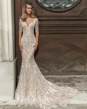 

New Sexy Wedding Dresses 2020 Scoop Half Sleeves casamento Court Train Lace Bride Dresses Robe de mariee gelinlik