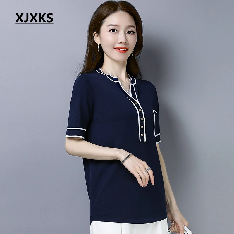 

XJXKS Summer New Tops Young Women Tee Shirt 2019 Modis Knitted Pocket Button Decoration Casual Women T-shirt