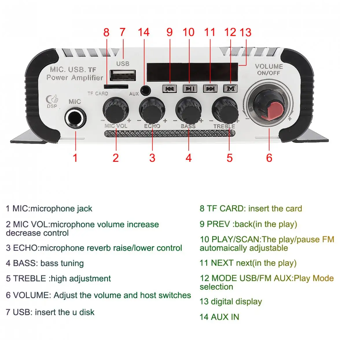 Kentiger V11 2CH Universal HI-FI Bluetooth Car Audio Power Amplifier DC12V 5A FM Radio Player Support SD USB DVD MP3 Input