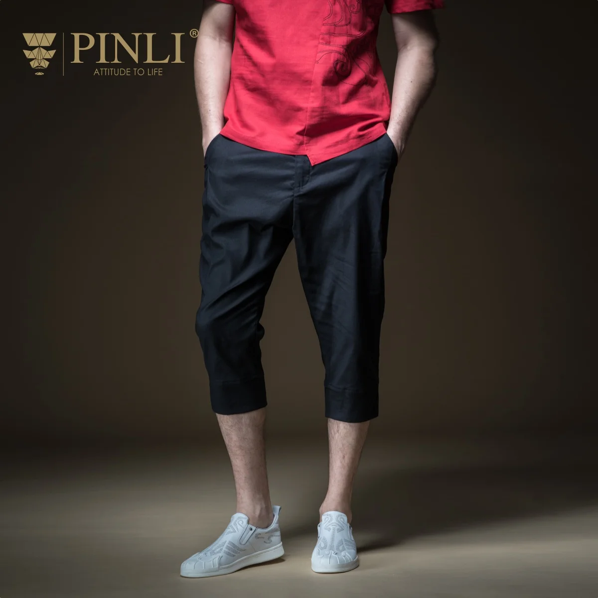Jogger Спортивные Штаны Pinli летняя новая мужская одежда хлопок конопли маленькие ноги Досуг семь минут брюки B192317497 - Цвет: Black