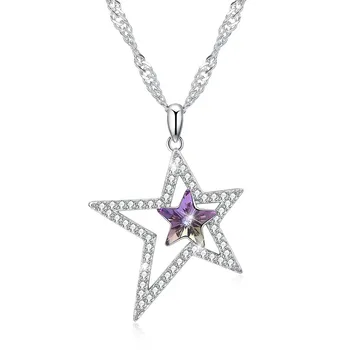 

Hemiston 100% 925 Sterling Silver Duble Star Zircon Crystal Pendant Female Necklace Jewelry Gift For Women Girl