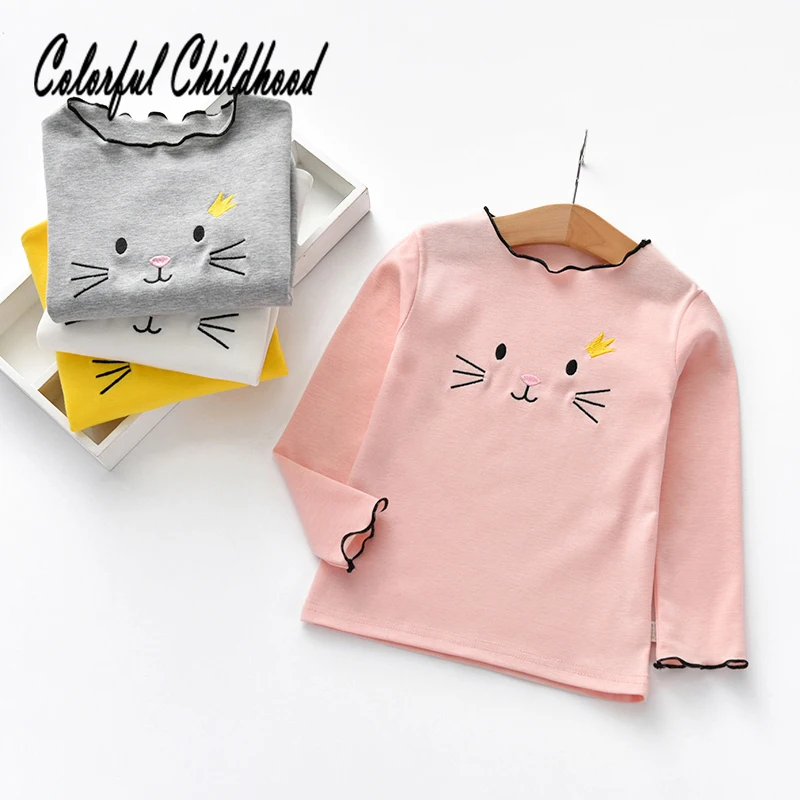 

Girls' Undershirts Hot Style Cartoon Cat Pattern Embroidered Long-sleeved Shirts Baby Costume Toddler Kid Lovely BottomT-Shirt