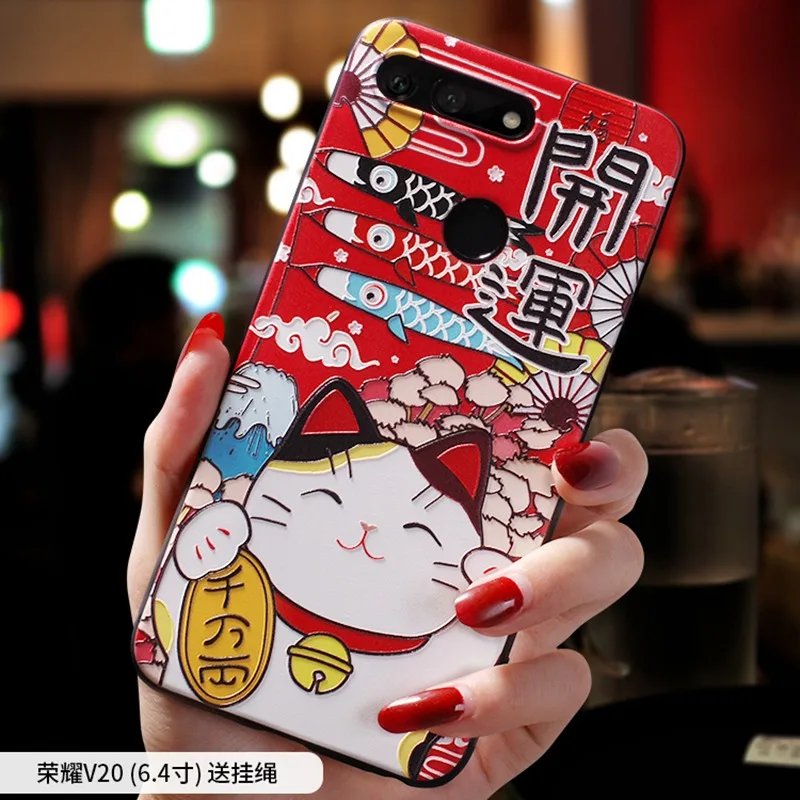 Чехол в японском стиле Fujiyama festival beckoning cat Lucky Cat Emboss для Huawei Honor V20 чехол HonorV20 |